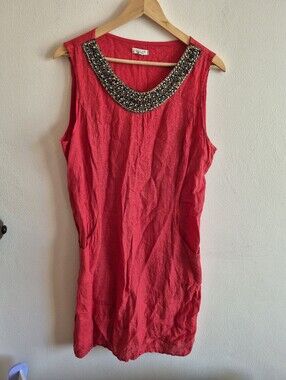 100% Linen Dress By Lina Tomei Red With Beaded Collar XL